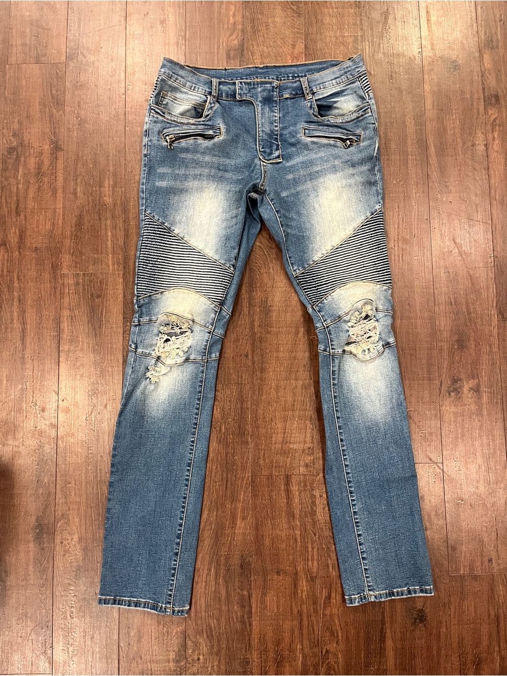 Balmain Paris Biker Jeans Men’s 36x32 Blue Denim Distressed Zipper Made In Japan